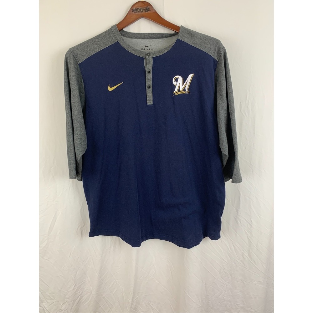 Nike Milwaukee Brewers Henley Shirt Men's XXL Blue Gray Logo MLB Baseball